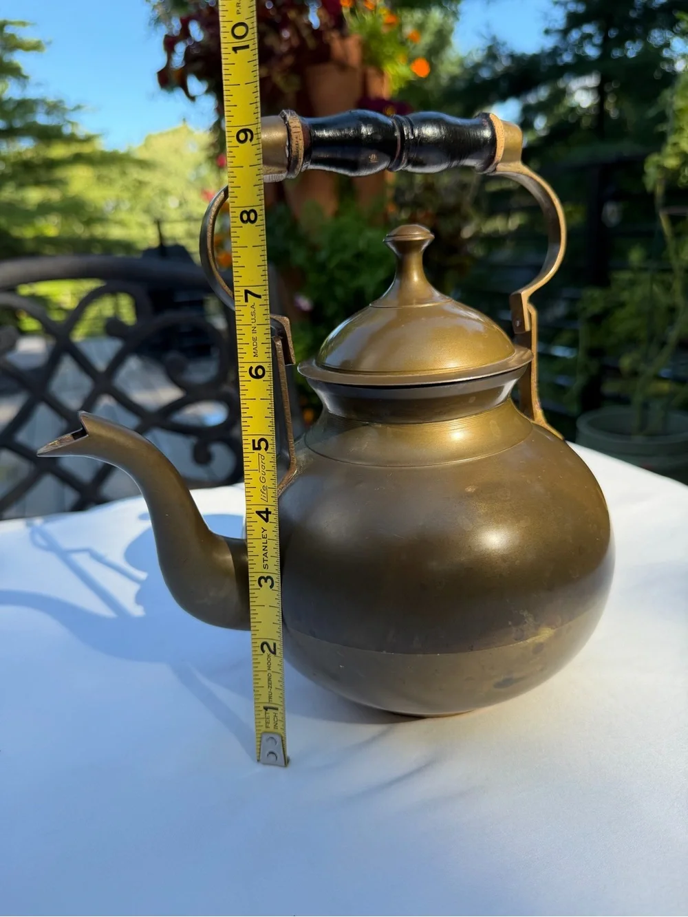 Beautiful Vintage Brass Teapot Kettle With Black Wood Handle Patina Farmhouse